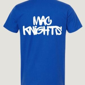back of blue t-shirt with text Mac Knights