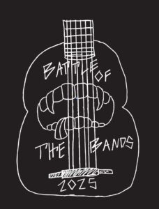 Image of a guitar with a mouth for the opening. Written on the guitar is Battle of the Bands.