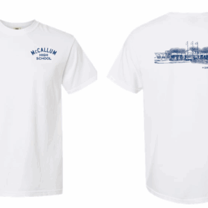 White T-shirt with architectural sketch of Mac.