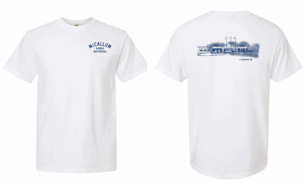 White T-shirt with architectural sketch of Mac.